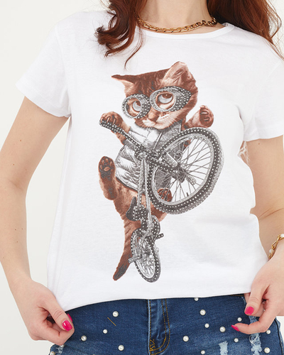 Weißes Damen-T-Shirt mit Katzenprint - Bekleidung