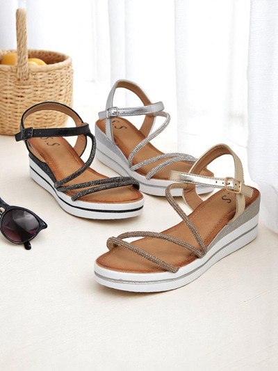 Royalfashion Damensandalen mit Keilabsatz und Strass Ballosa