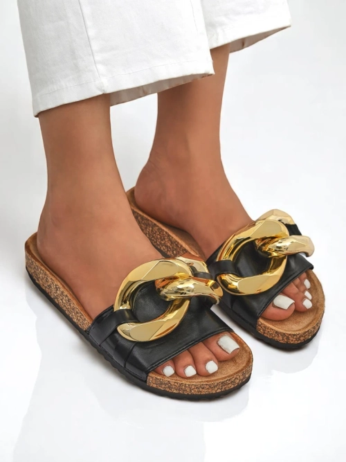 Royalfashion Чорні жіночі шльопанці з прикрасою Sofig