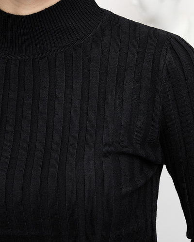 Schwarzer gerippter Damenpullover mit Stehkragen - Kleidung