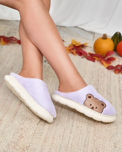 Royalfashion Damen-Pelzpantoffeln mit Teddybär in lila Fetemes