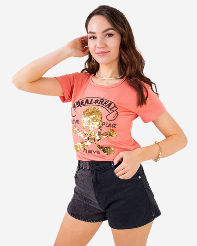Orangefarbenes Damen-T-Shirt mit Pailletten und Aufschrift - Kleidung