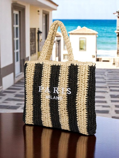 Royalfashion Große Strohtasche für Damen, Strohtasche mit Streifen