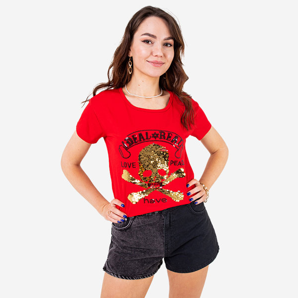 Rotes Damen-T-Shirt mit Pailletten und Aufschriften - Kleidung