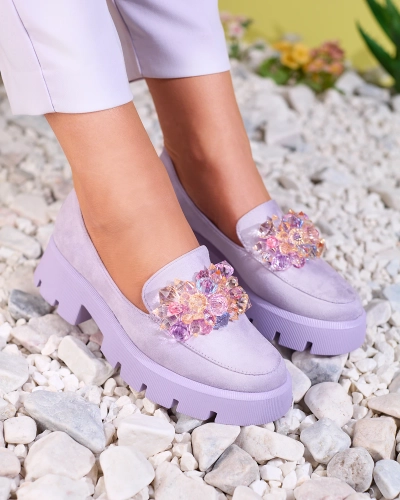 OUTLET Royalfashion Lila Damen Mokassins mit bunten Kristallen Crystal Glam