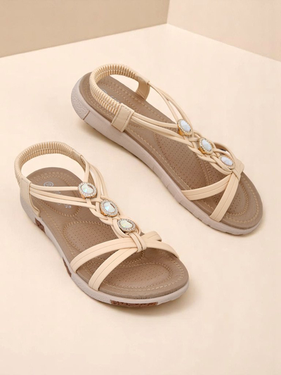 Royalfashion Bellona Damen Sandalen beige mit Zirkonia auf Plateau
