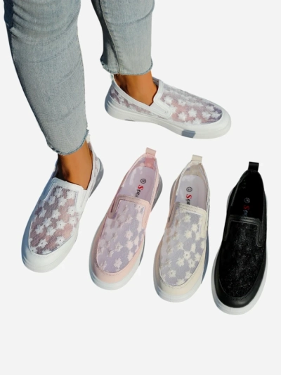 Royalfashion Damen-Mesh-Pantoletten mit Blumen Emzos