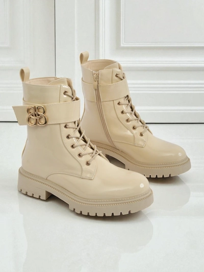 Beige Ariadne Stiefeletten aus Öko-Leder mit Reißverschluss, runde Spitze, stilvoll