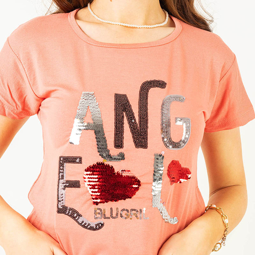 Коралова жіноча футболка з паєтками та принтом