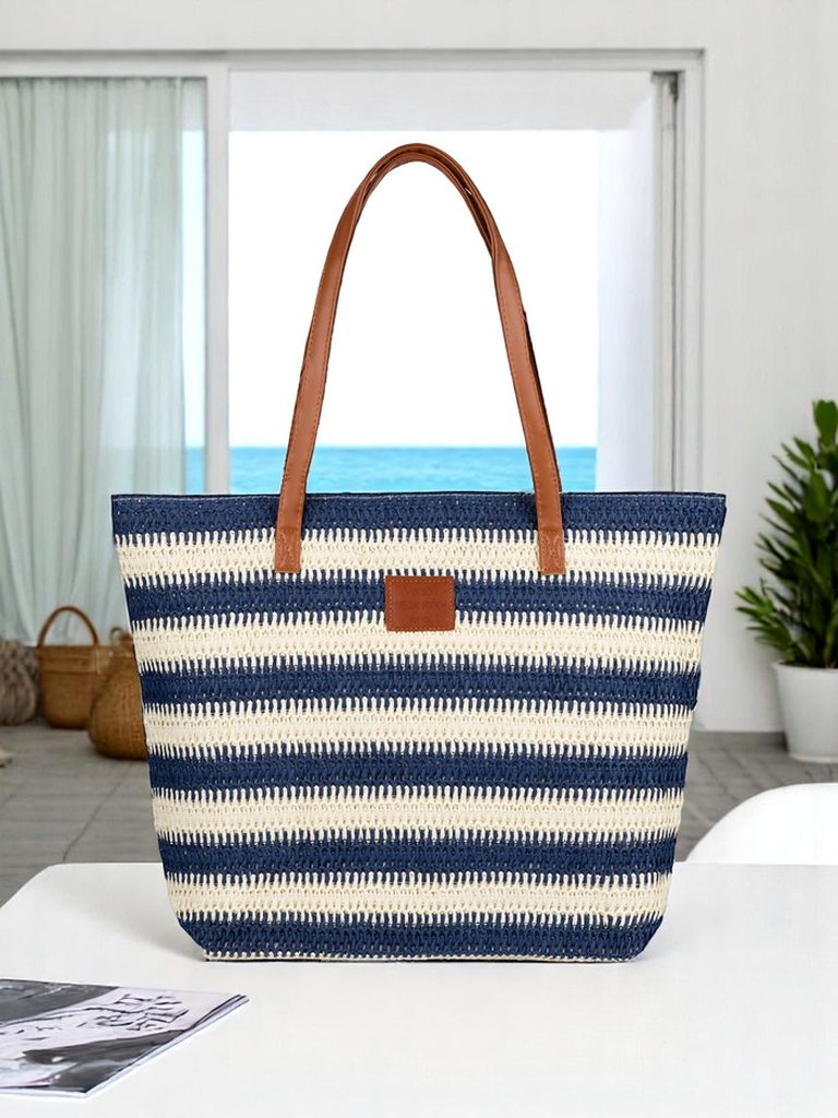 Royalfashion Große Strohtasche für Damen, Strohtasche mit Streifen