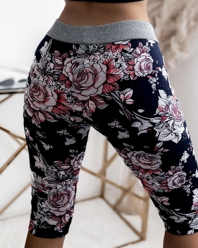Marineblaue und korallfarbene 3/4 Shorts für Damen mit Blumenmuster PLUS SIZE - Bekleidung