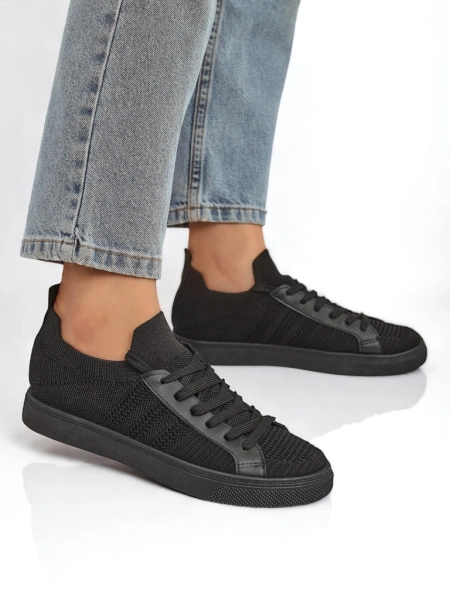 Damen-Sneakers Livia Nero - schwarze Stoff- und Öko-Leder-Turnschuhe mit flacher Sohle
