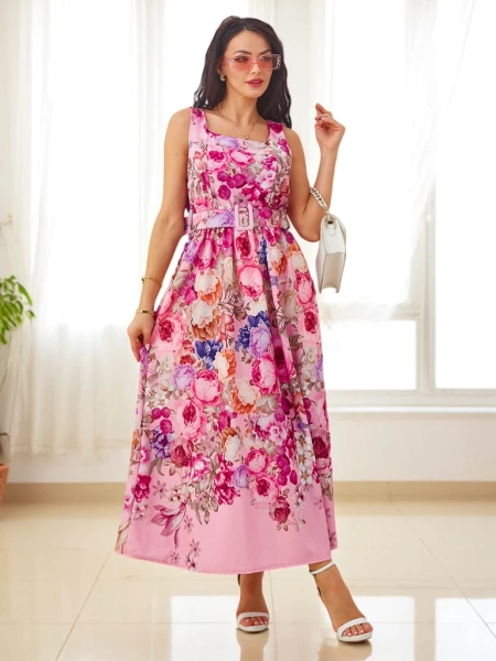Royalfashion Damen Midi-Kleid mit Trägern, ausgestattet mit einem Gürtel in verschiedenen floralen Mustern