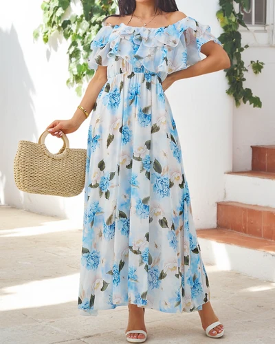 Royalfashion Damen Off-Shoulder Kleid mit kurzen Ärmeln in verschiedenen Blumen