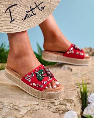 Royalfashion Rote verzierte Damen-Flip-Flops mit dicker Sohle Avadeka