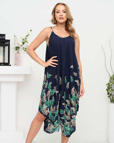 Marineblaues Damenkleid mit asymmetrischem Saum und Aufdruck - Kleidung