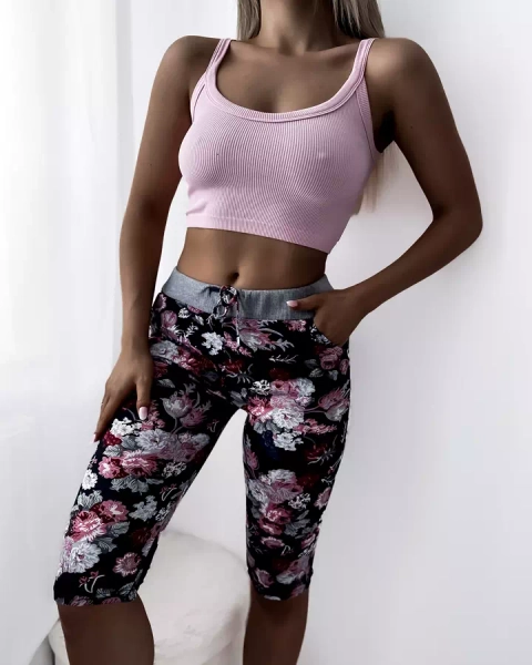 Kastanienbraune 3/4-Shorts für Damen mit Blumenmuster - Kleidung