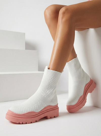 Weiße und rosafarbene Damenstiefel mit flachem Absatz Seritis - Footwear