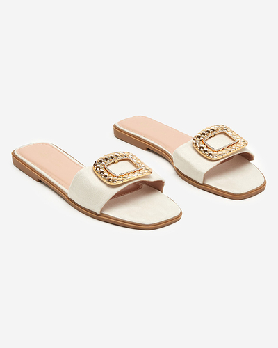 Beige Öko-Wildleder-Slipper für Damen mit goldener Schnalle Lozi - Footwear