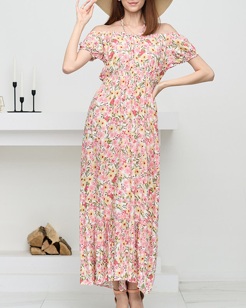 Довге літнє біле плаття для жінок з рожевими квітами - Одяг