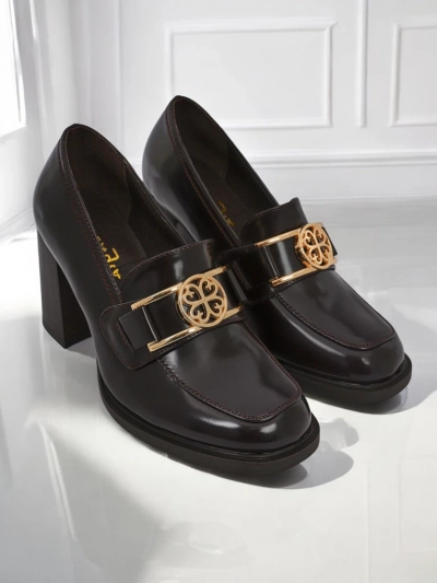 Damen Loafer Persephone Nero mit Blockabsatz Öko-Leder goldene Schnalle