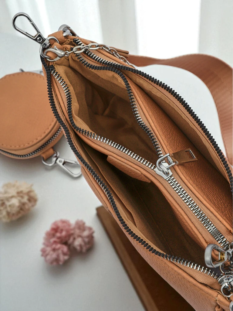 Damenhandtasche Aurora Multi aus Öko-Leder hellbraun Kette Reißverschluss