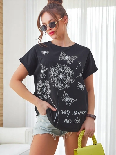 Royalfashion Damen Baumwoll-T-Shirt mit Löwenzahn und einem Schmetterling
