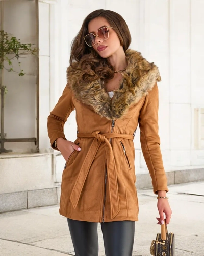 Kamelfarbene Damen-Pelzjacke - Kleidung