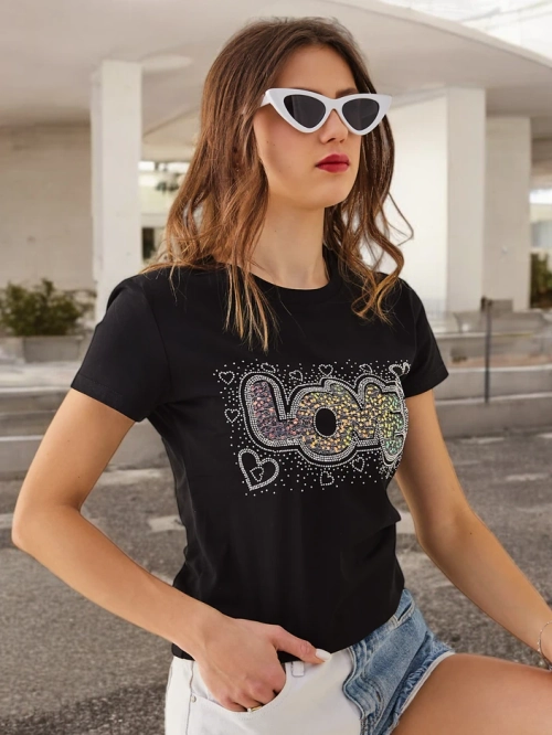 Royalfashion бавовняна жіноча футболка LOVE з стразами