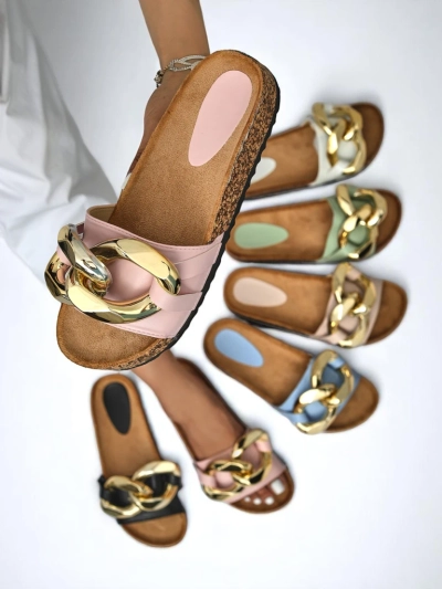 Damen Pantoletten Atalanta Royalfashion mit Kette – hellrosa Öko-Leder