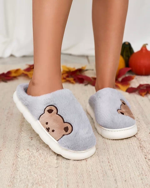 Royalfashion Damen-Pelzpantoffeln mit Teddybär in blau Fetemes