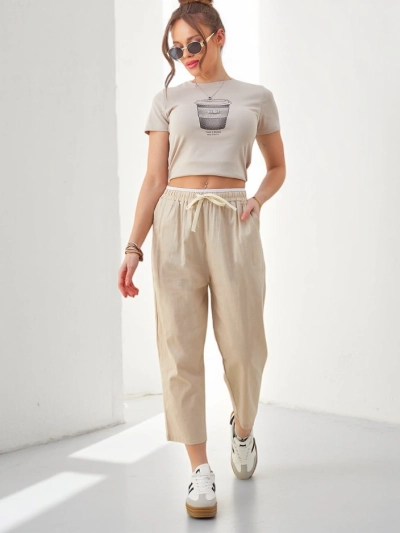 Royalfashion Baumwollweite Damenhose mit einem Bindegürtel