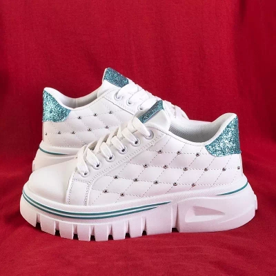 OUTLET Weiße Damen-Sneaker mit grünem Glitzer-Einsatz Jemen - Schuhe