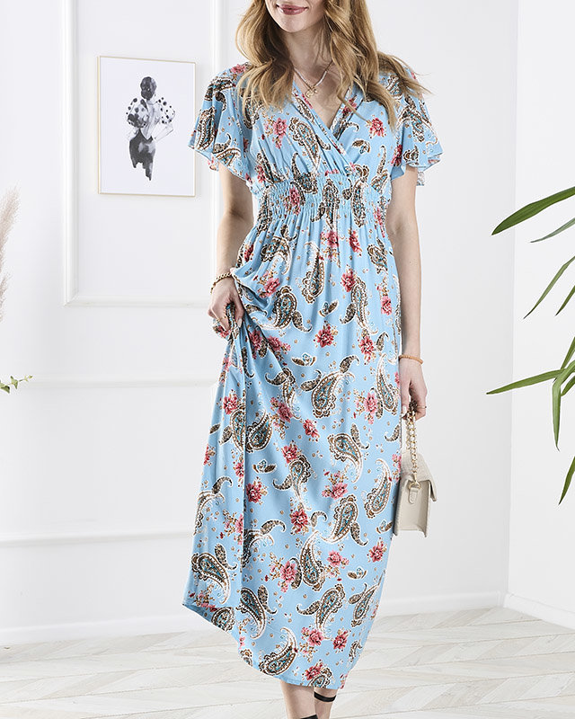 Gemustertes Damen-Midikleid in Blau- Kleidung