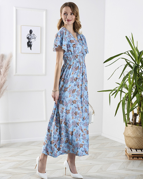 Синя жіноча квітчаста довга сукня - Одяг