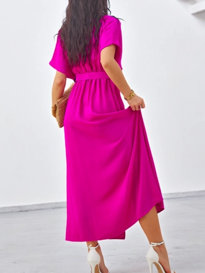 Royalfashion Damen Midi-Kleid mit kurzen Ärmeln, V-Ausschnitt und einem zentralen Schlitz