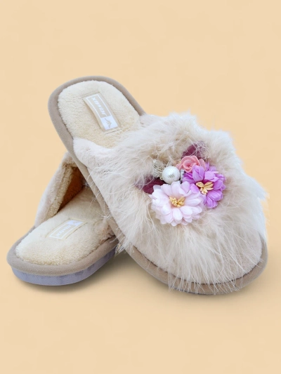 Royalfashion Damen-Fellslipper mit Blumen Ederra