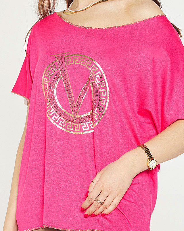 Fuchsia Damenbluse mit Aufdruck und Zirkonia - Bekleidung