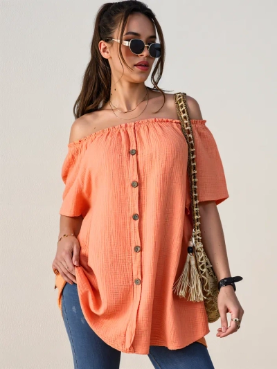 Royalfashion Damen Baumwollbluse im spanischen Stil mit dekorativen Knöpfen
