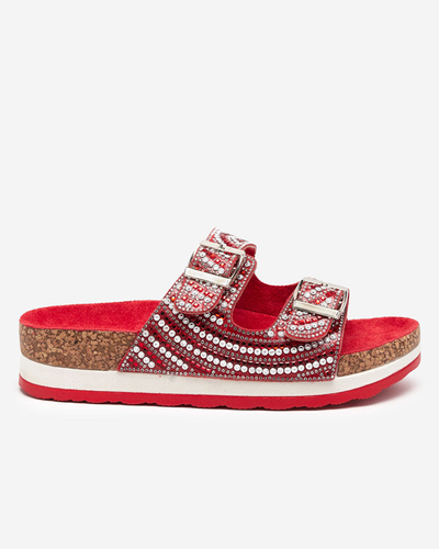 Damenhausschuhe mit Zirkonia in roten Lalud-Shoes