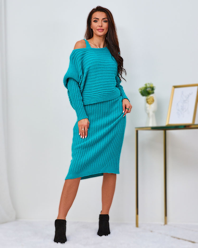 Royalfashion Türkisfarbenes Damenset mit Kleid und Pullover