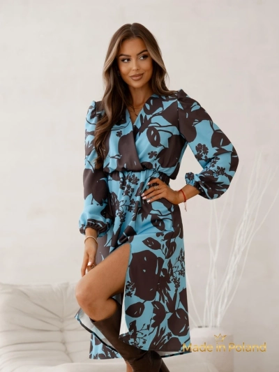 Kleid Afrodyta Blu Oceano – blaues Midi, lange Ärmel, klassischer Stil