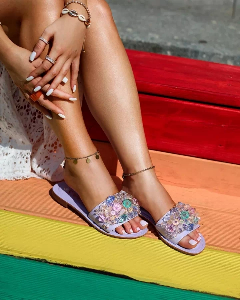 Royalfashion Lila Damen Flip-Flops mit bunten Kristallen Bling Breeze
