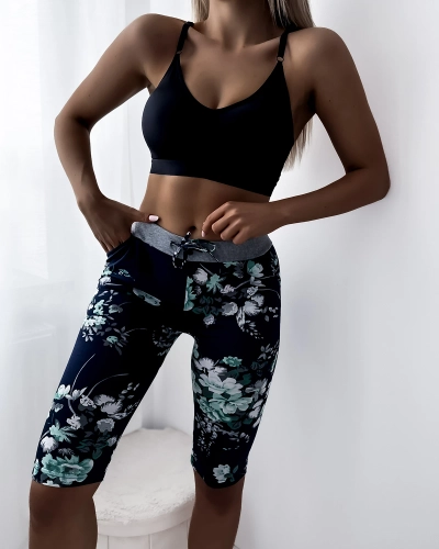 Marineblaue Damen 3/4 Shorts mit grünen Blumen PLUS SIZE - Kleidung