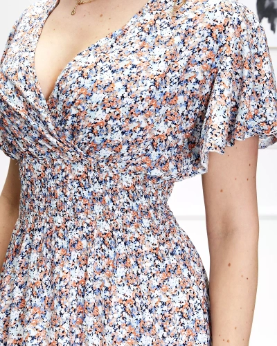 Damen Midikleid mit Blumenmuster in Blau und Orange - Kleidung