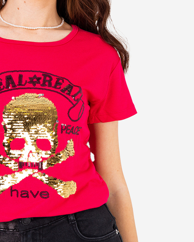 Fuchsia Damen-T-Shirt mit Pailletten und Aufschrift - Kleidung