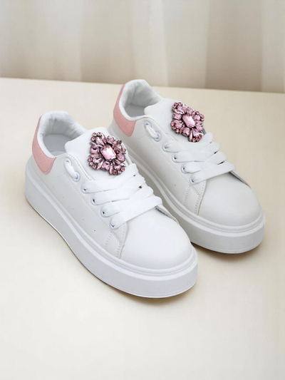 Damen-Sneakers Hypatia Bianco aus Öko-Leder mit Verzierung und rosa Akzent