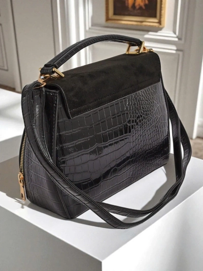 Schwarze Damenhandtasche Vespera Classico Öko-Wildleder und Lackleder