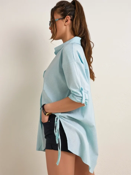 Royalfashion Жіноча довга бавовняна смугаста сорочка з вузлом на талії