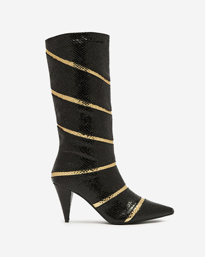 Schwarz-goldene Damenstiefel mit Stilettoabsatz und geprägten Streifen Felifea- Footwear